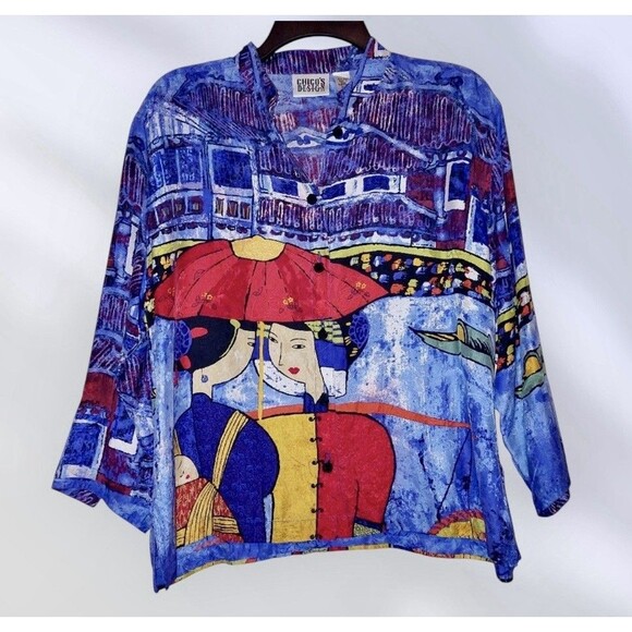 Chico’s Tops - Chico’s Design Blue 100% Silk Asian Geisha Girl Frog Knot 1 M